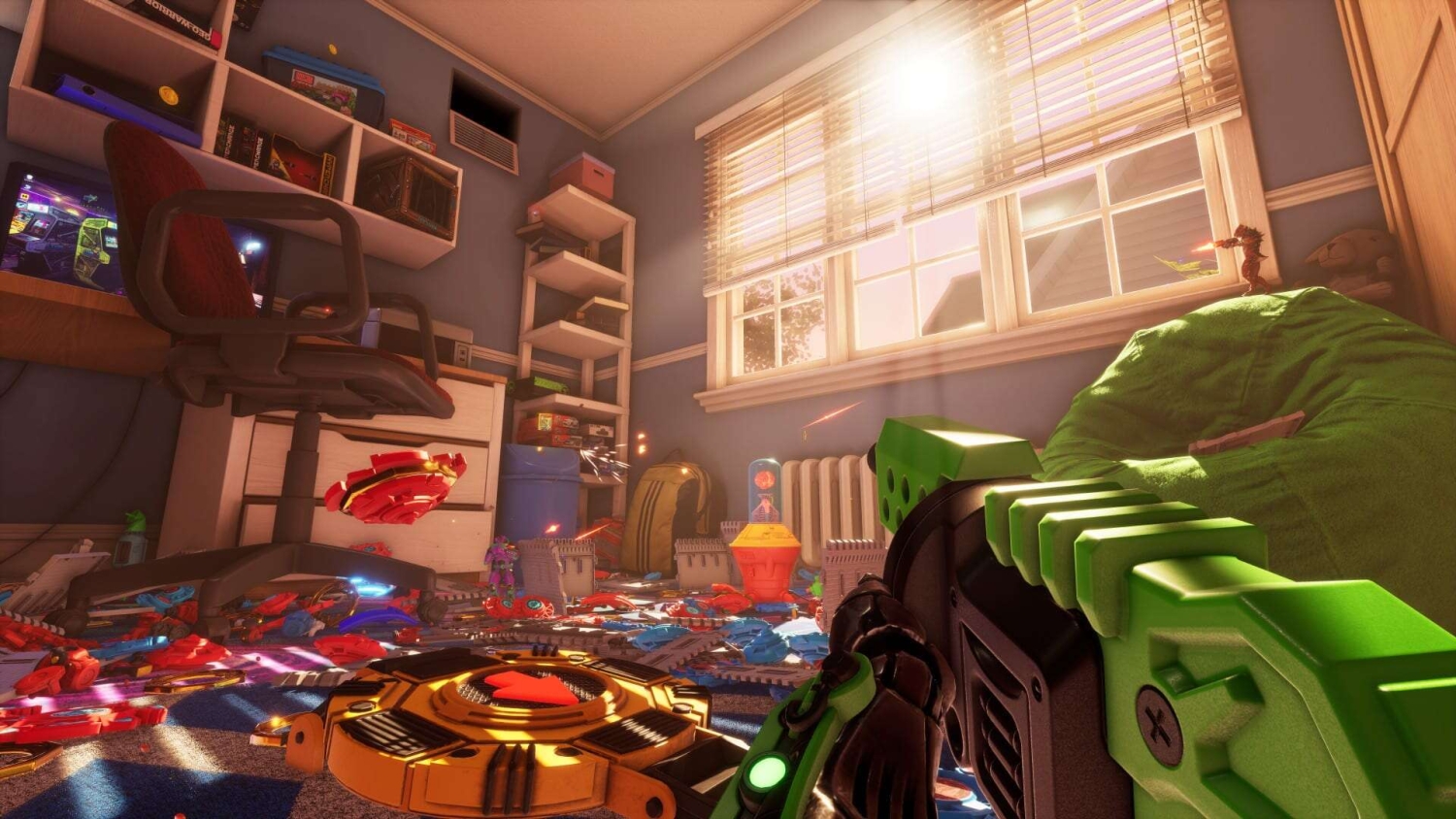 First-person view aiming a green toy gun in a sunlit, cluttered child's bedroom scattered with toys and small figures