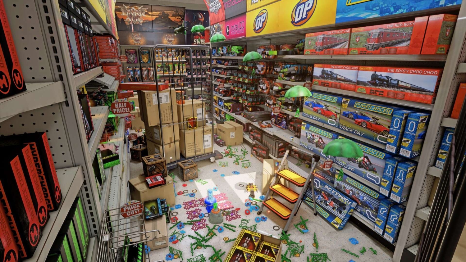 Toy store aisle with scattered boxes and green toy soldier figures on the floor amidst shelves of model kits and toys