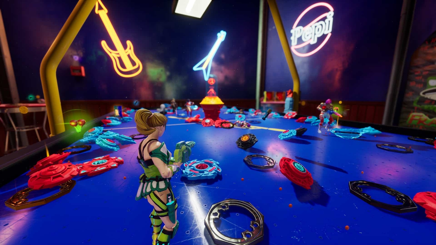 Two animated characters with toy guns face each other across a blue game table cluttered with spinning tops and game pieces