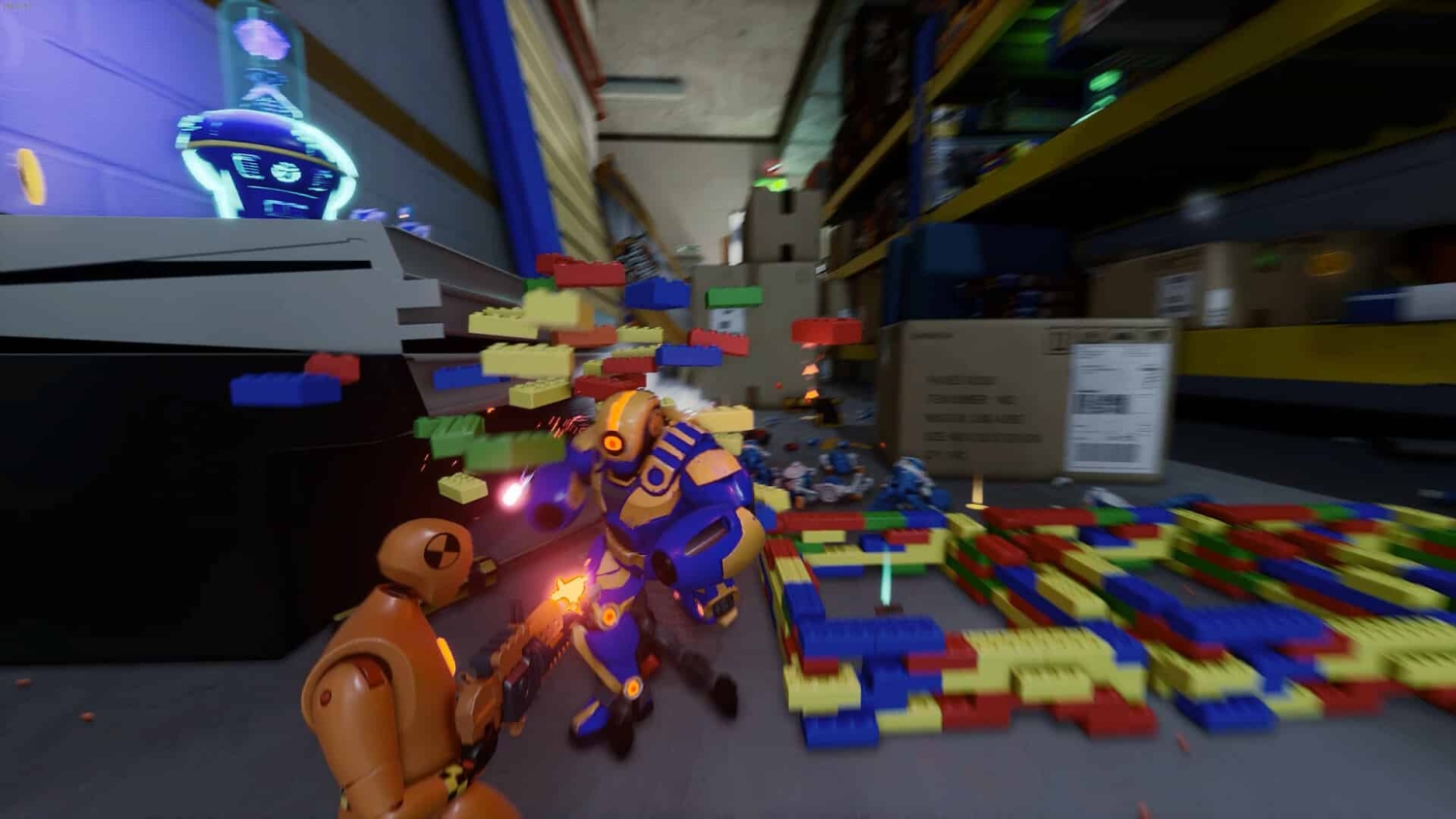 Two toy soldier figures fighting amidst scattered colourful building blocks in a narrow storage aisle