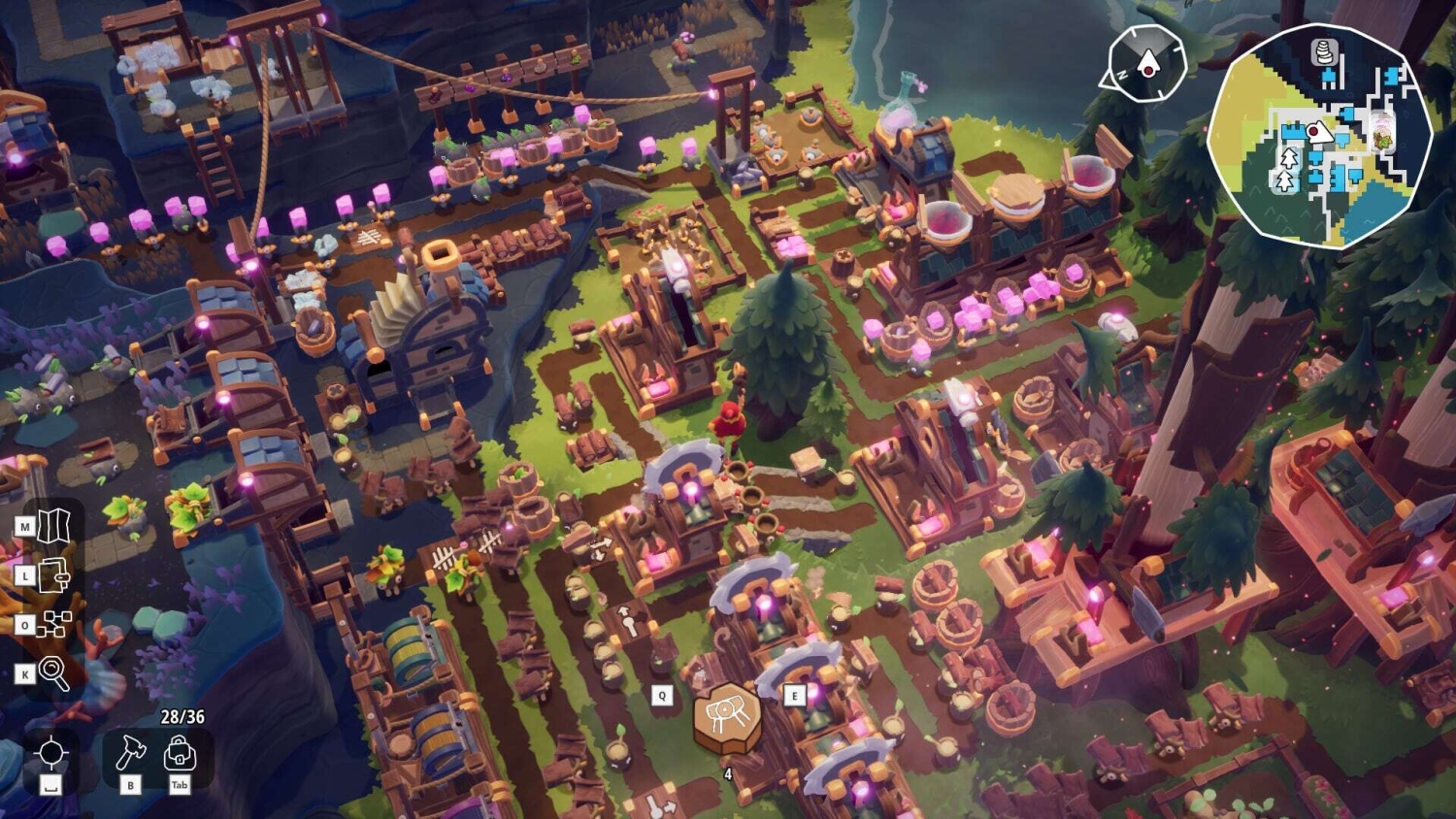 Top-down view of a vibrant game world with buildings, pathways, and interactive elements in an automation adventure
