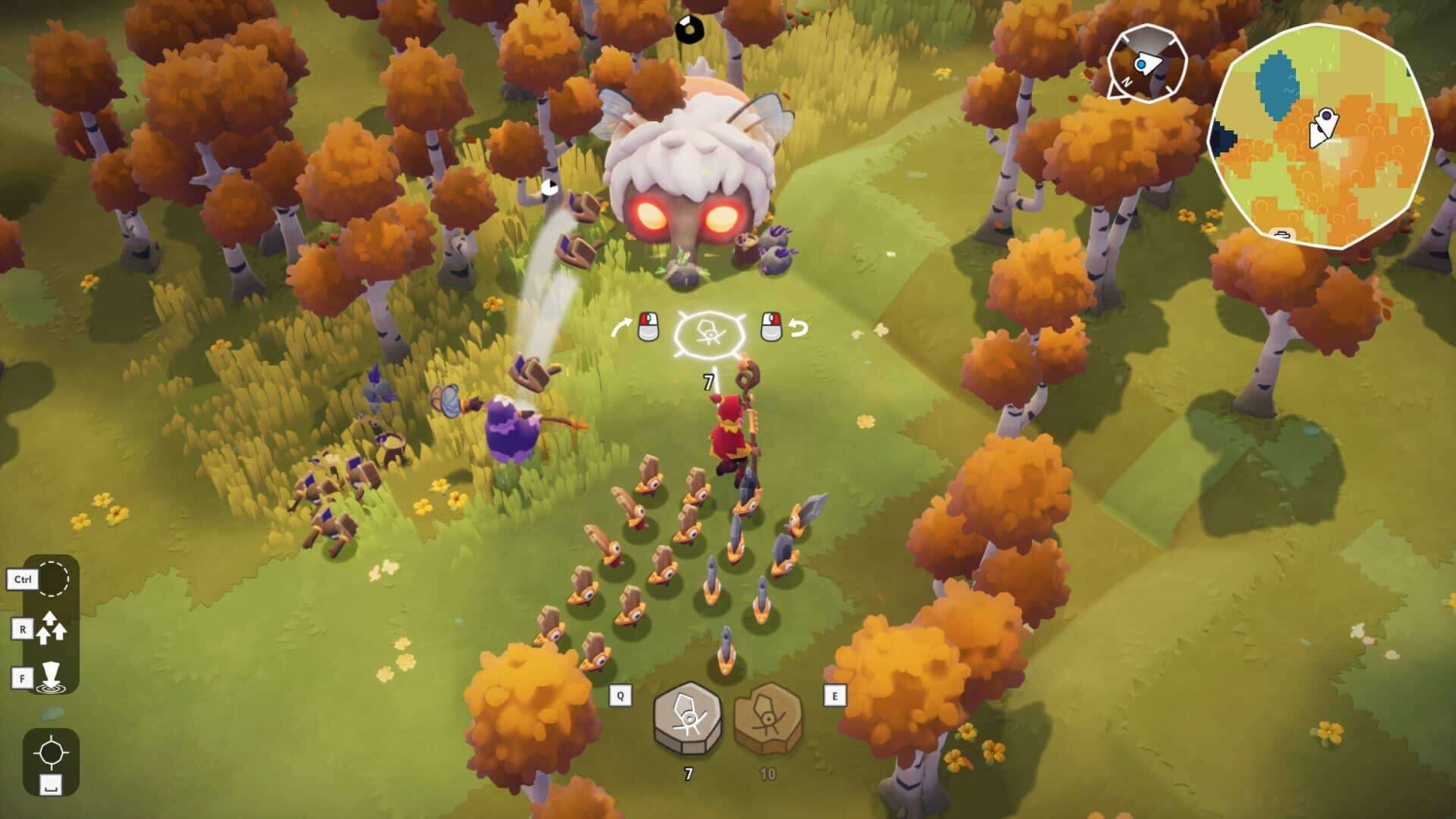 Top-down view of a colourful fantasy game landscape with small wooden soldiers arranged in formation and a glowing face on a large tree head