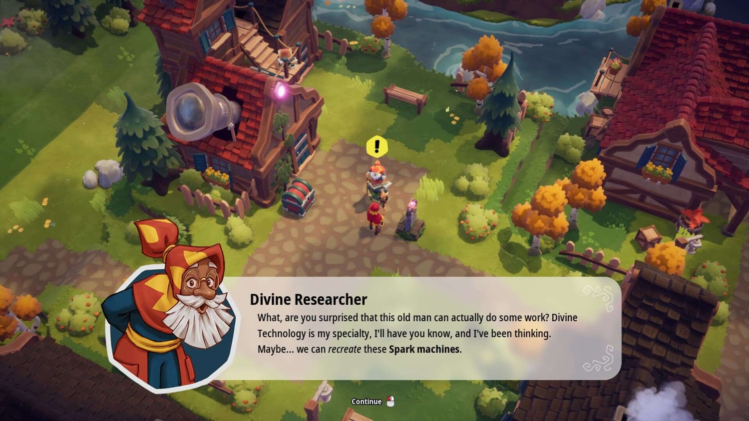 Animated gnome with white beard speaking to character beside houses in village courtyard with yellow exclamation mark