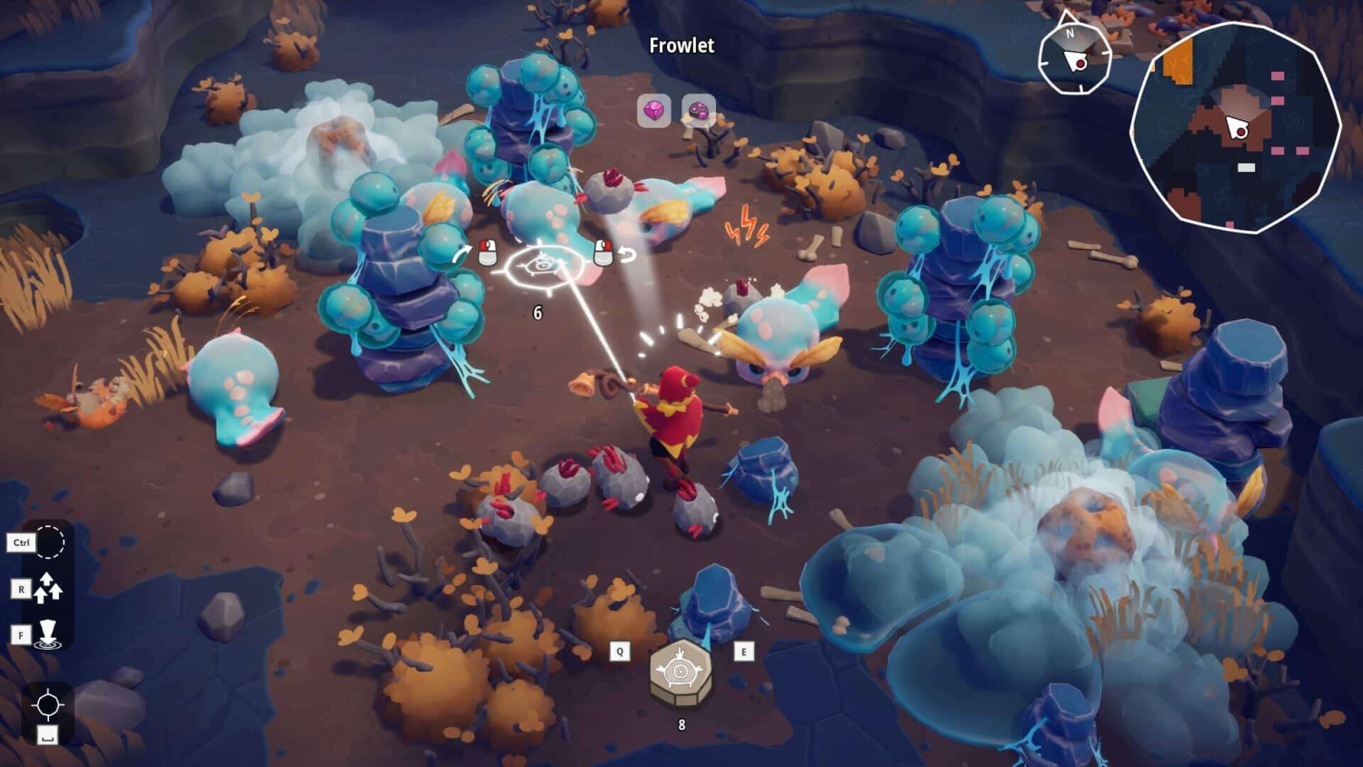 Top-down view of a colourful fantasy creature surrounded by blue, mushroom-like trees and rocks in a fantasy game environment
