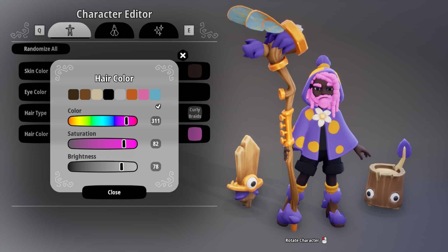 3D fantasy character with pink dreadlocks, purple cloak with yellow spots, holding a staff and two wooden creatures