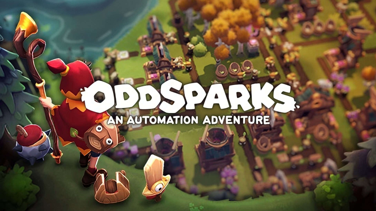 Colourful game title screen of Oddsparks with whimsical character and stylised forest buildings