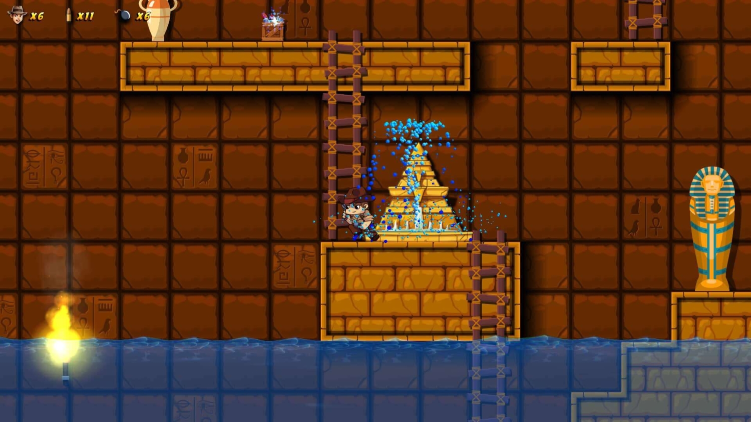 Pixel art explorer near a water fountain inside a pyramid with ladders and hieroglyphs on walls