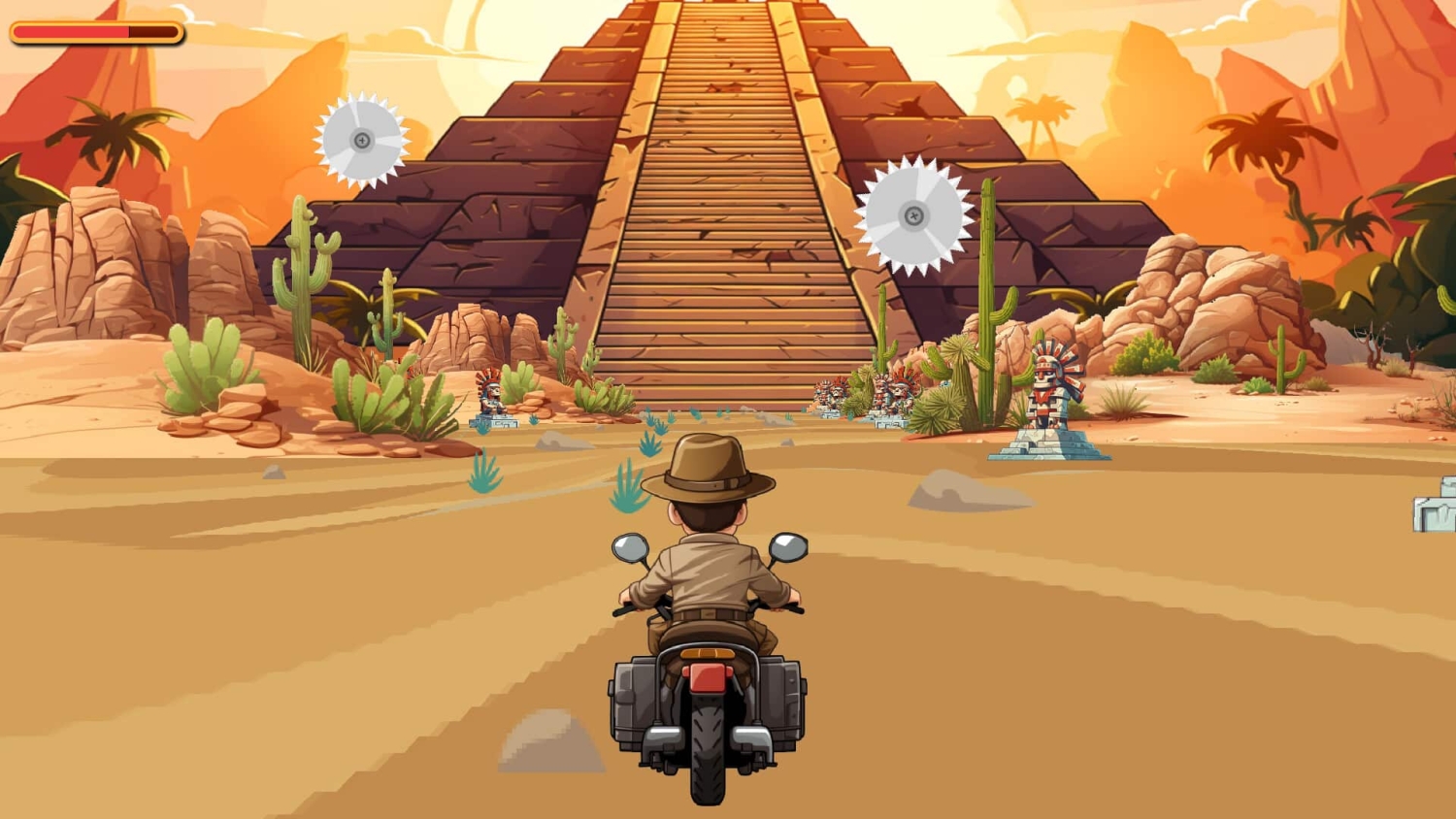 Person on motorcycle riding towards a large stepped pyramid with spinning saw blades and cactus in a desert environment