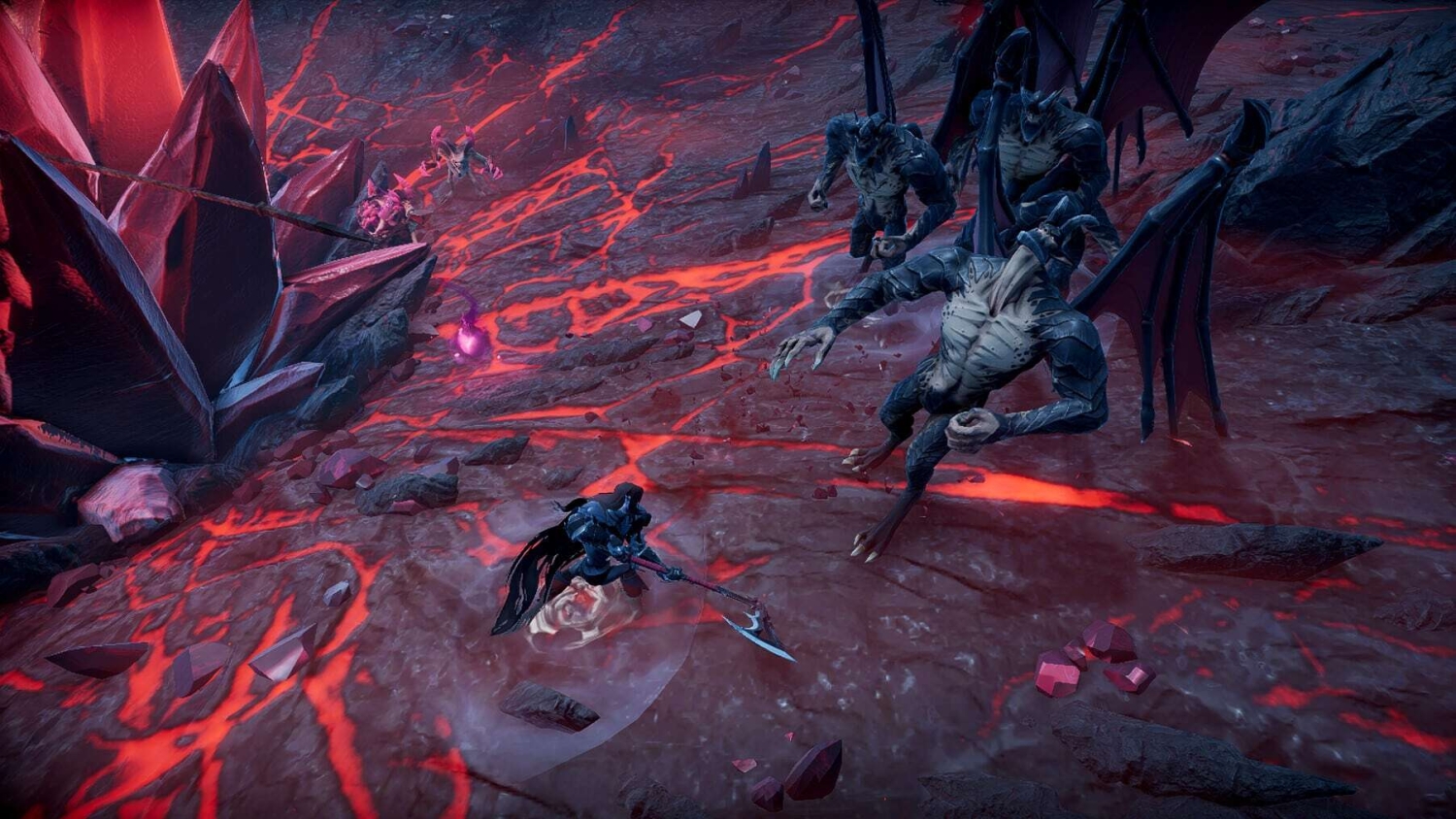 Armoured warrior wielding spear fights winged demonic creatures on cracked volcanic ground with glowing red lava