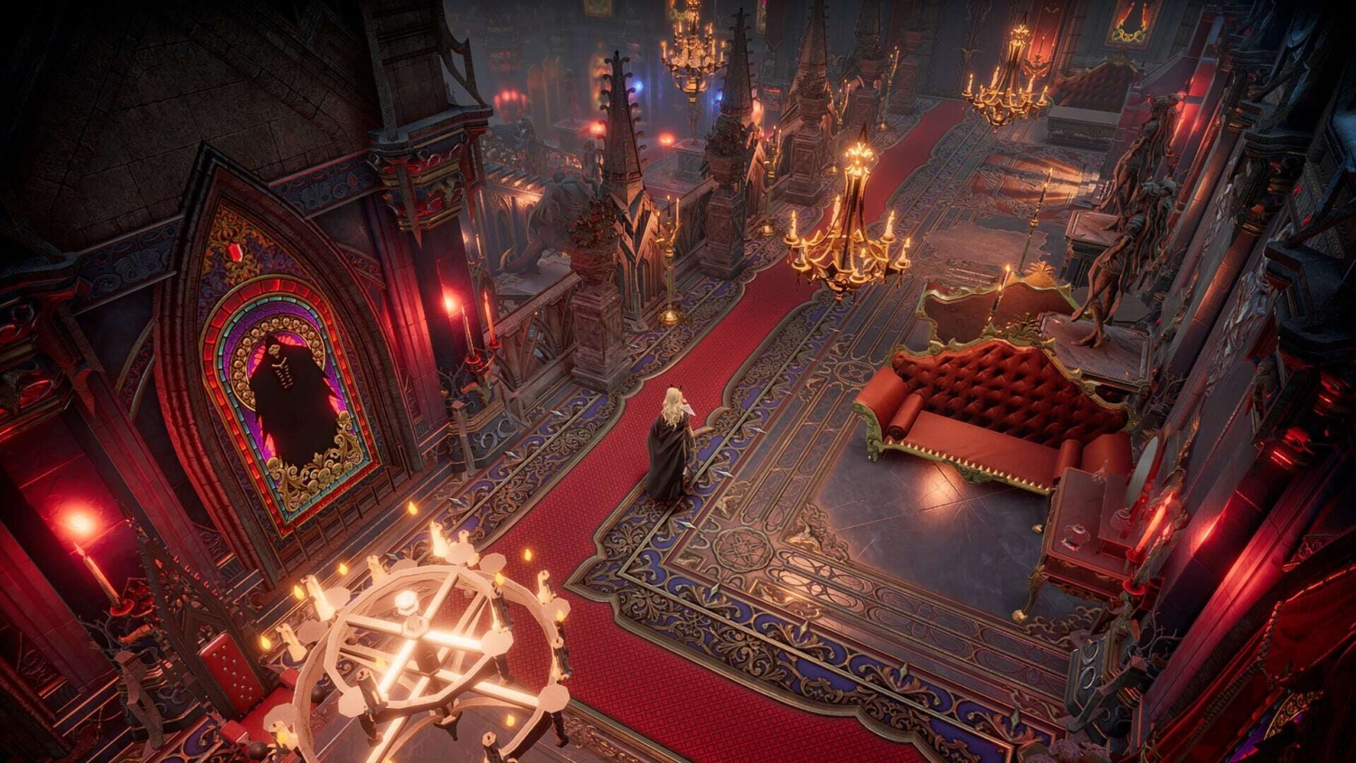 Isometric view of a gothic-style throne room with chandeliers, red carpet, and ornate decorations in a video game