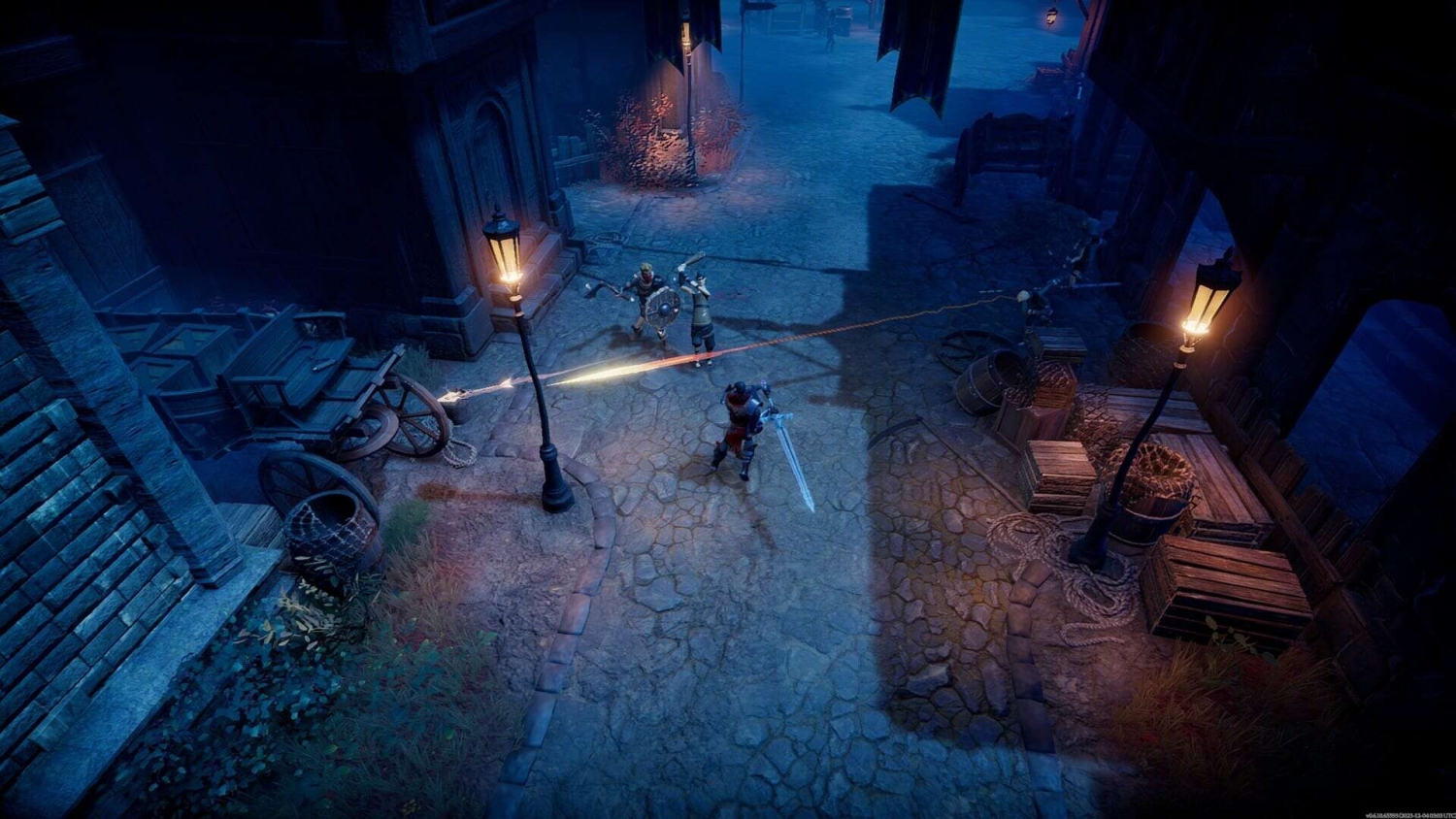 Three characters engage in combat with swords and shields on a cobblestone street illuminated by lampposts at night