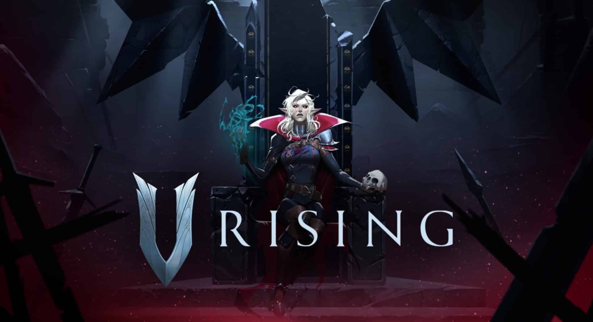 Pale vampire character with white hair and glowing red eyes sitting on a dark throne holding a skull and casting magic
