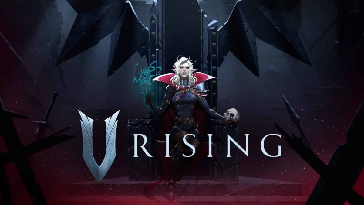 Pale vampire character with white hair and glowing red eyes sitting on a dark throne holding a skull and casting magic
