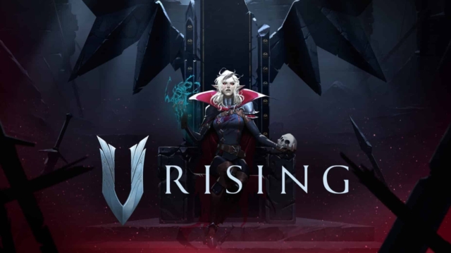 Pale vampire character with white hair and glowing red eyes sitting on a dark throne holding a skull and casting magic