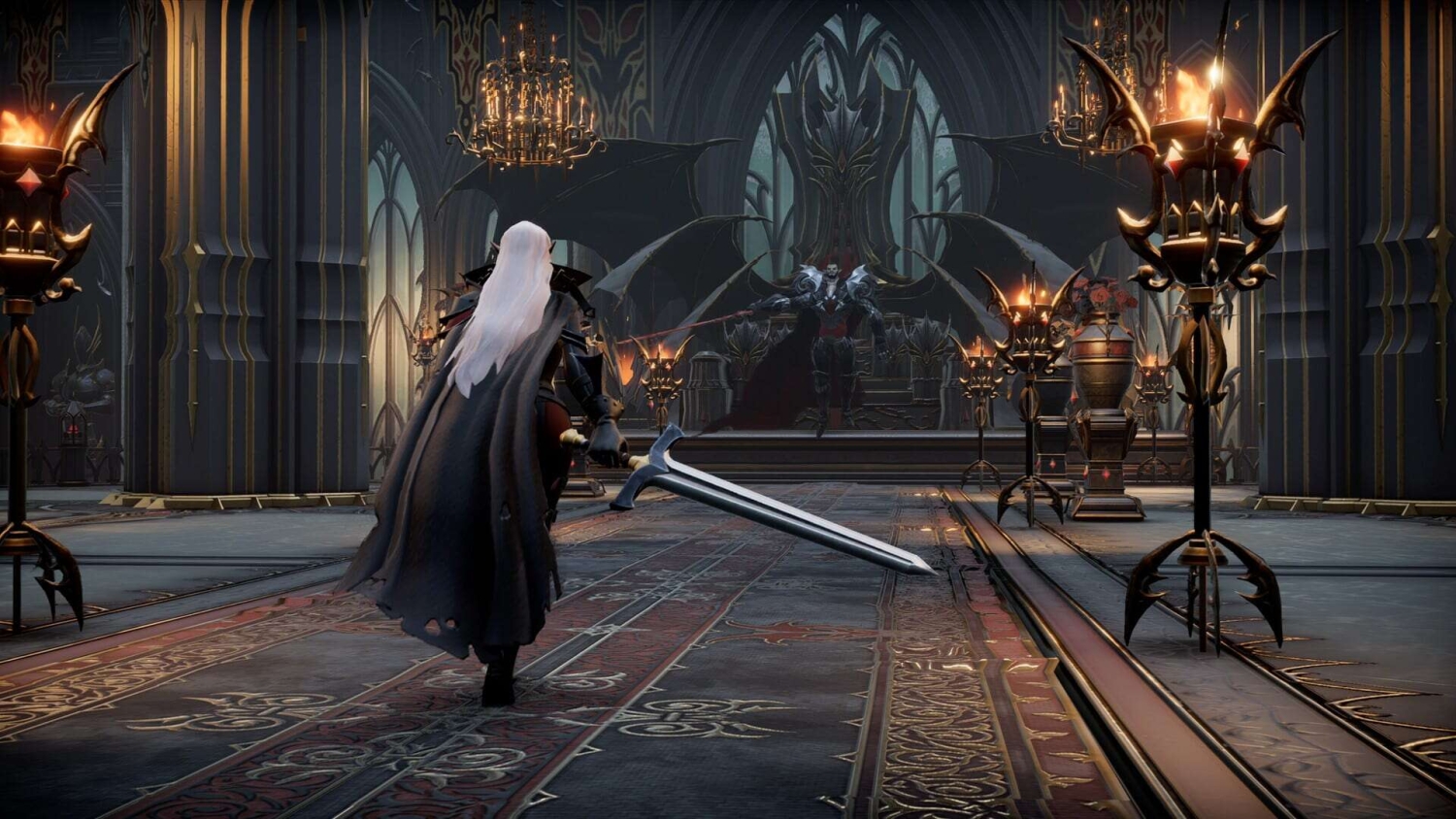 Character with long white hair and sword approaches winged armored figure in dark Gothic throne room