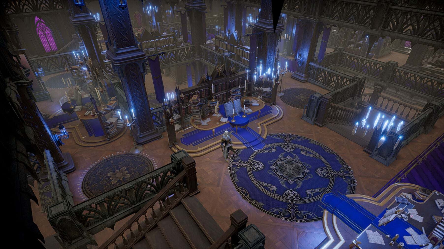 Top-down view of a gothic interior with purple banners, blue carpets, candle-lit tables, and a character standing near bookshelves