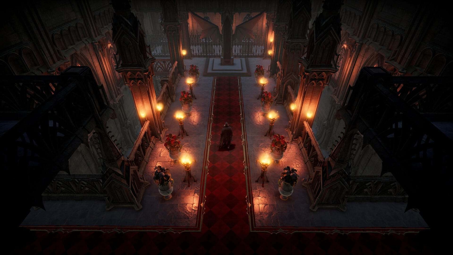 Isometric view of a dark gothic cathedral interior with a character standing on a red carpet illuminated by wall torches and flower pots