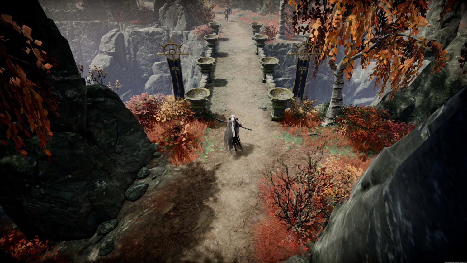 Figure with long white hair and black cloak crossing stone bridge in rocky forest with autumn foliage
