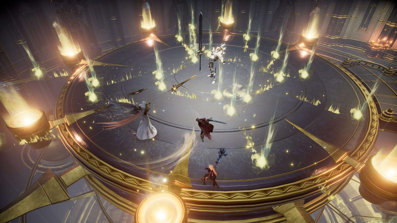 Four fantasy characters battle a flying armored foe surrounded by glowing magical flames on a large circular platform