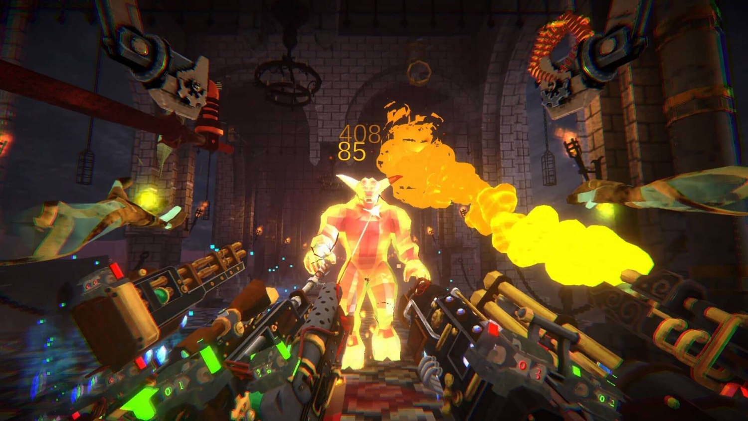 Player fires several guns simultaneously at a bright, fiery demon in a stone dungeon corridor