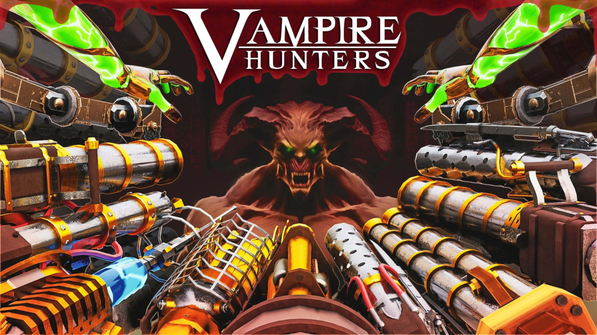 First-person perspective on multiple mounted weapons aiming at a glowing-eyed demon with the Vampire Hunters title above