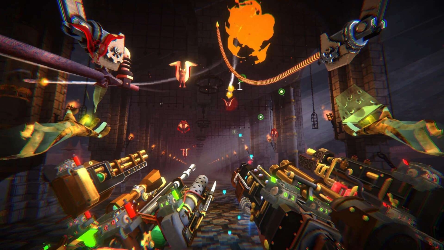 First-person view holding two sci-fi guns shooting at bat-like flying creatures in a dark gothic corridor