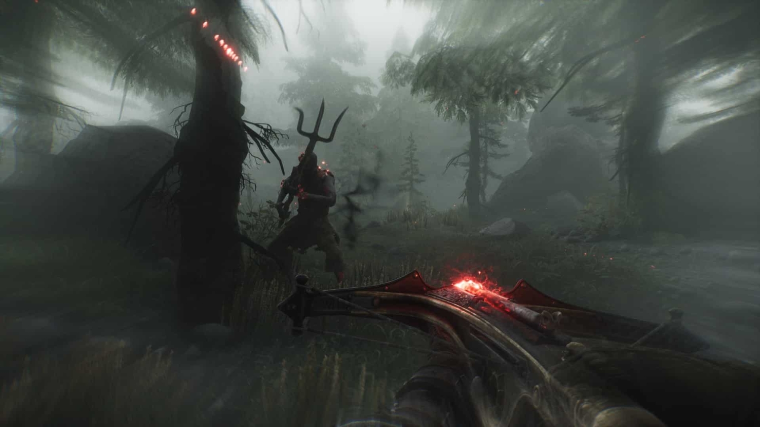 First-person perspective aiming a glowing crossbow at a demon holding a trident in a dark misty forest