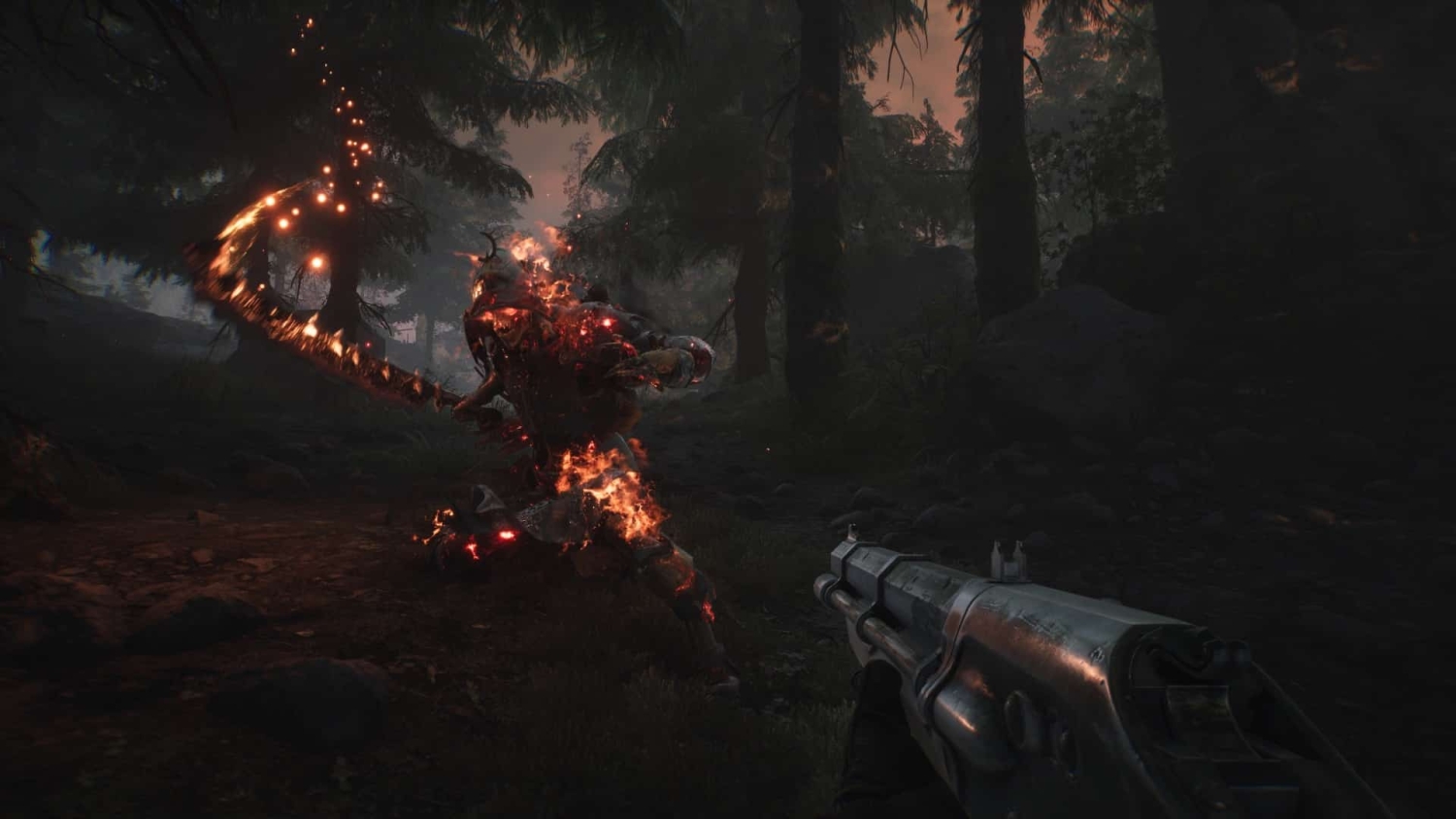 First-person view aiming a shotgun at a flaming demonic knight wielding a fiery sword in a dark forest