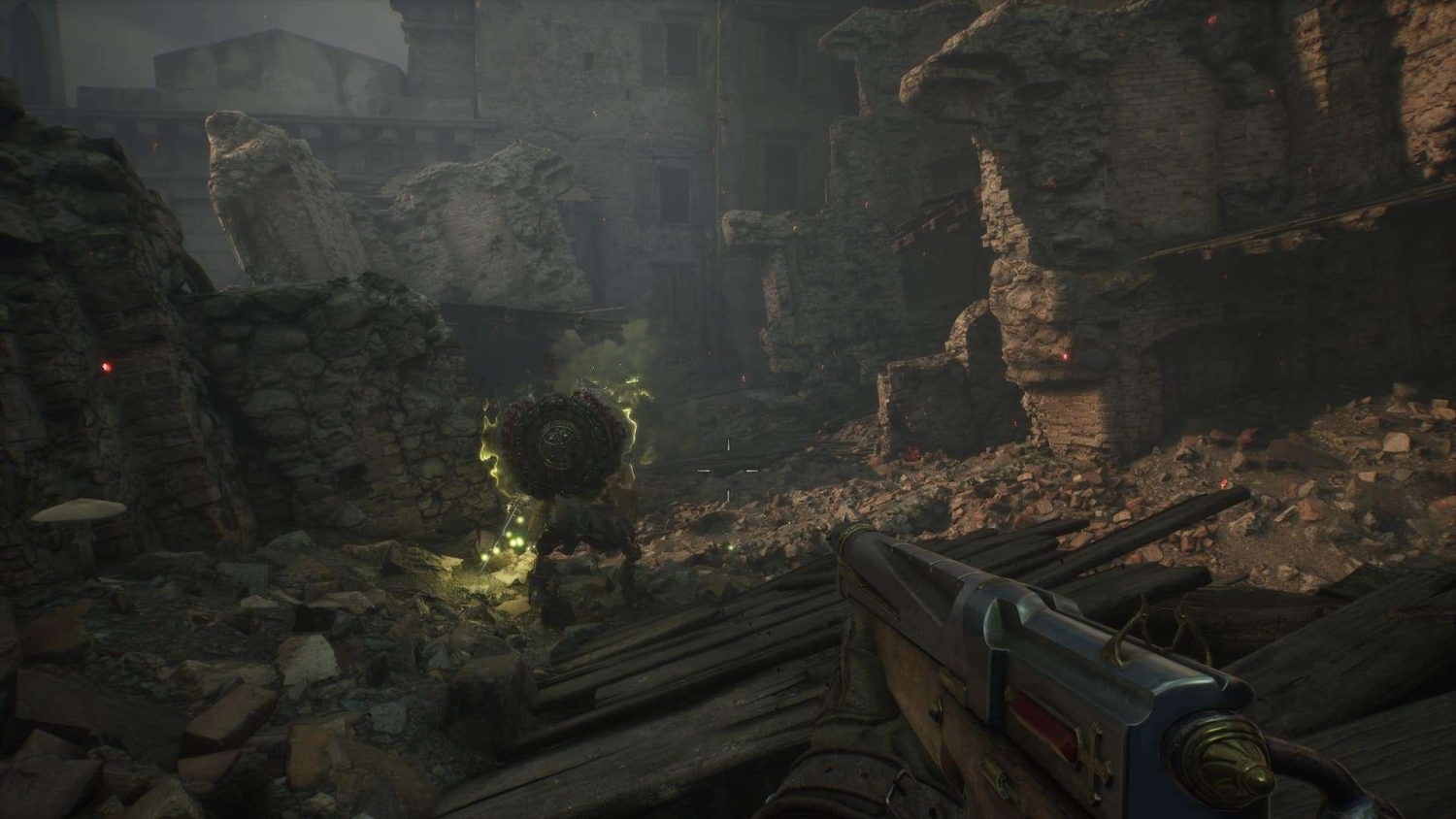 Player with shotgun aiming at glowing enemy with shield inside ruined stone fortress