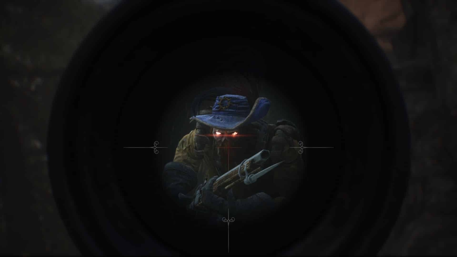 Hostile figure with glowing eyes aiming a shotgun seen through a sniper scope