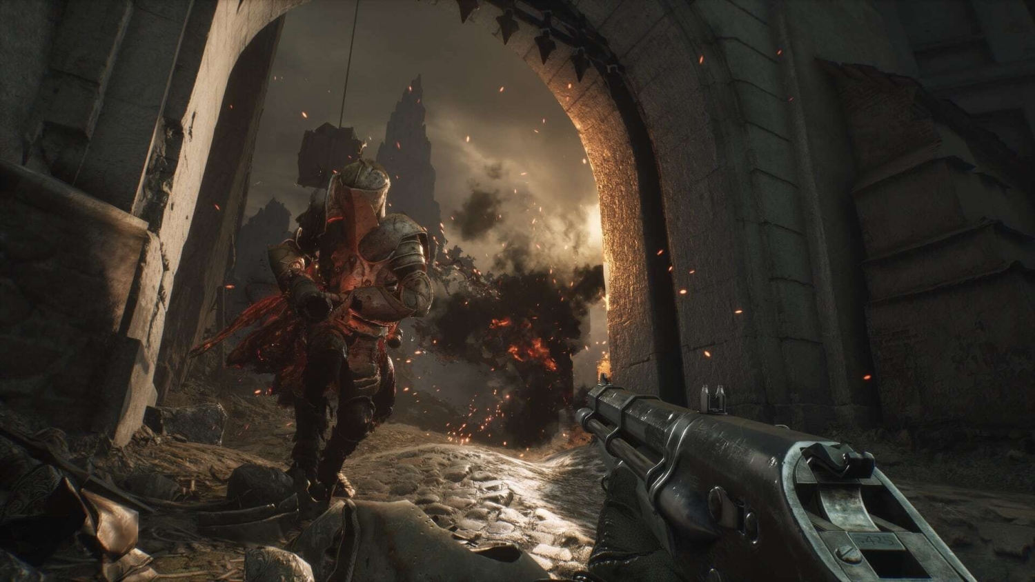 Player aiming a shotgun at an approaching armoured enemy with explosion in a dark castle archway