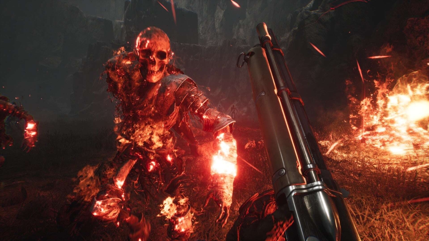 Flaming skeletal enemy advancing towards shotgun barrel in dark rocky terrain with sparks flying