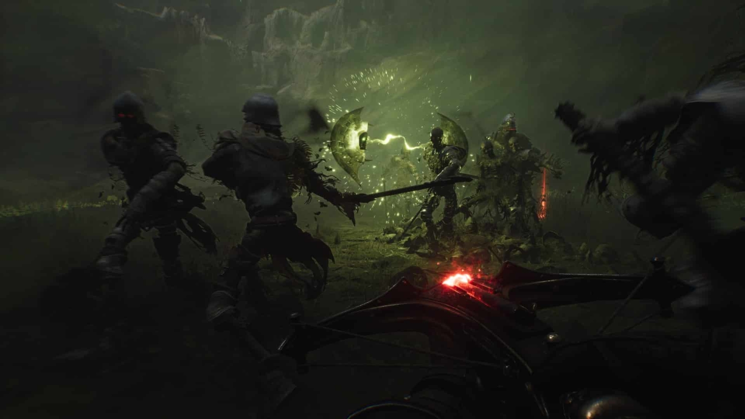 First-person view firing crossbow at armoured undead warriors wielding axes and swords in foggy, dark battlefield with green magical sparks