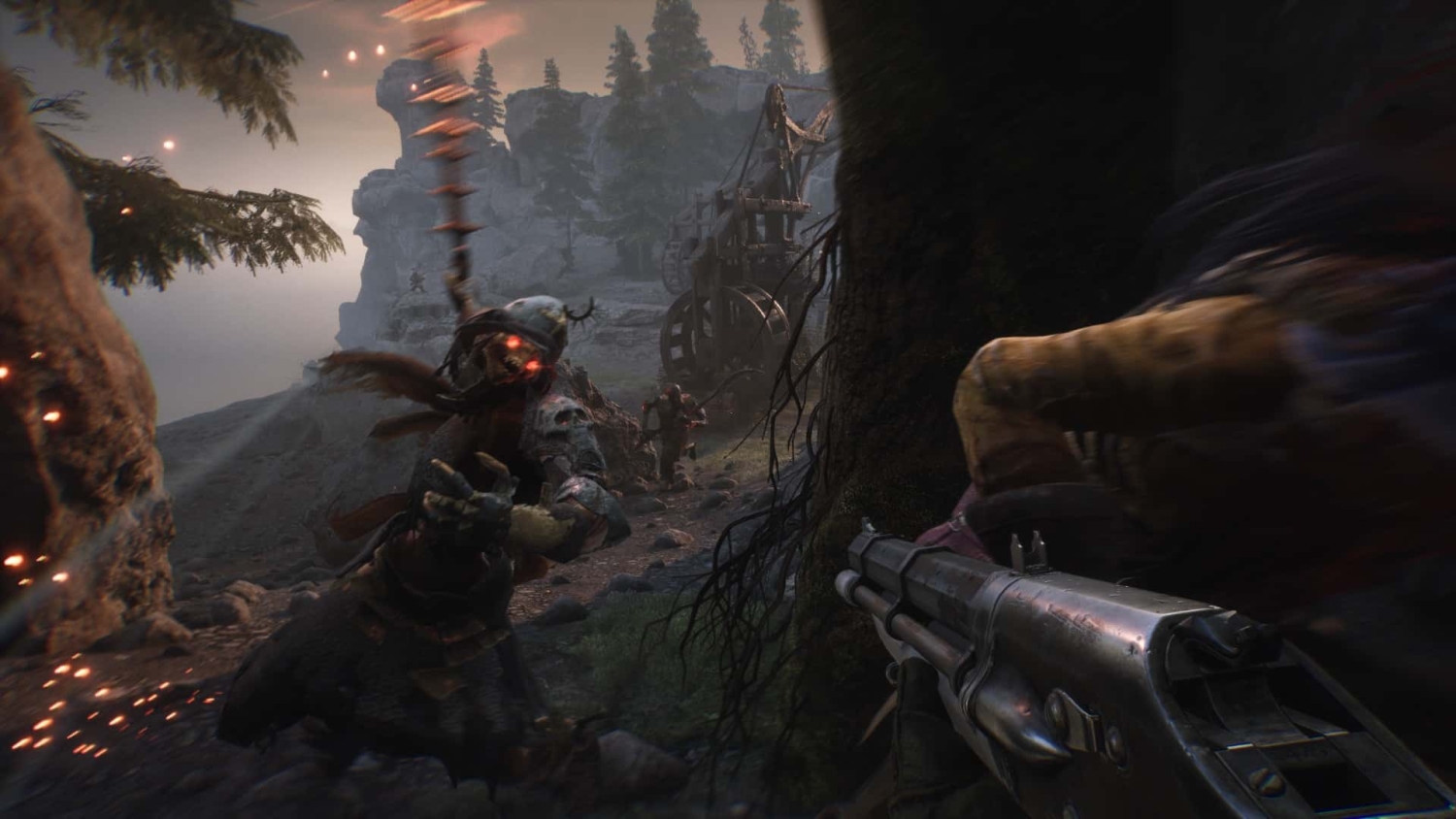 First-person view aiming a pump-action shotgun at attacking undead with glowing eyes in a dark forest near a wooden siege machine