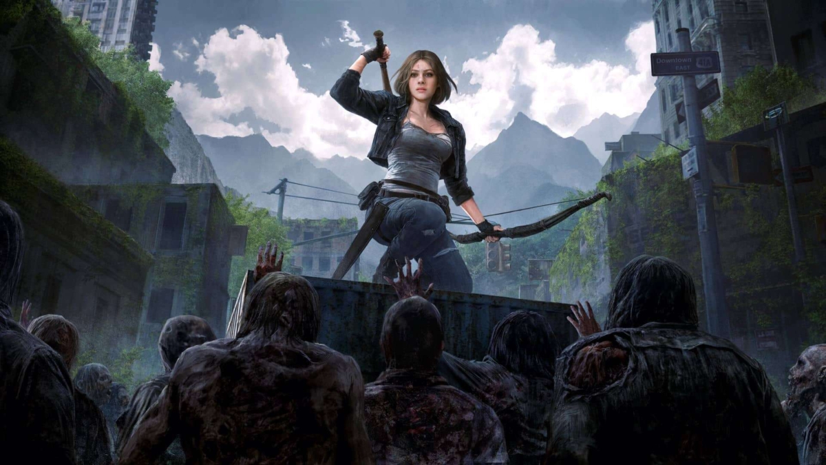 A woman holding a sword and a bow stands on a raised platform facing a crowd of zombies in a ruined city