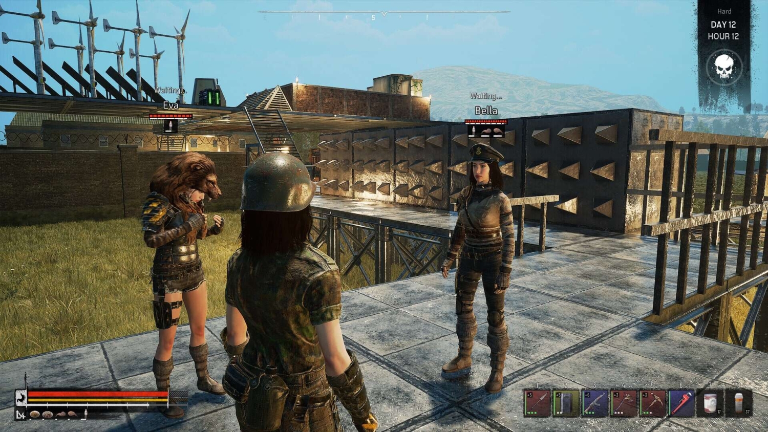 Three female characters stand on a metal platform with wind turbines and hills visible behind