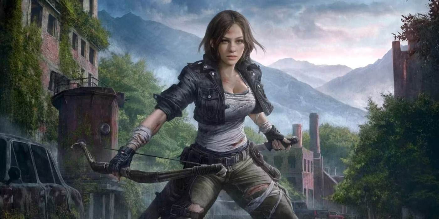 Woman survivor in a worn leather jacket holding a crossbow in a ruined urban area with mountains in the background