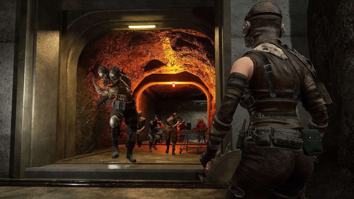 Character with blade weapon faces a group of running zombies in an orange-lit tunnel