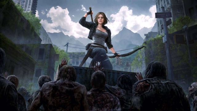 A woman holding a sword and a bow stands on a raised platform facing a crowd of zombies in a ruined city