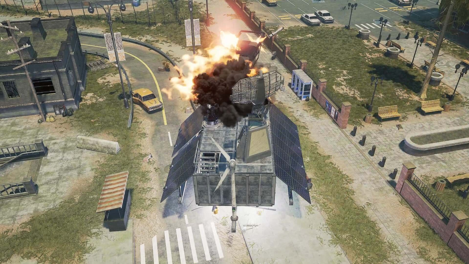 Explosion and thick black smoke erupting from rooftop structure with solar panels in urban setting