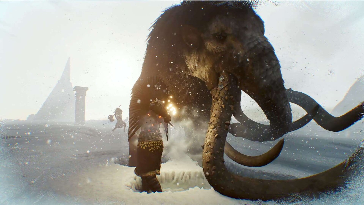 Fur-clad hunter shooting at a large woolly mammoth in snowy, ancient landscape