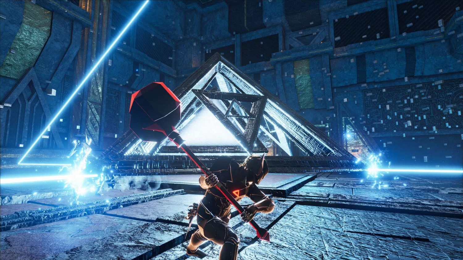 Armoured character wielding a large red hammer in a glowing futuristic temple illuminated by blue energy beams