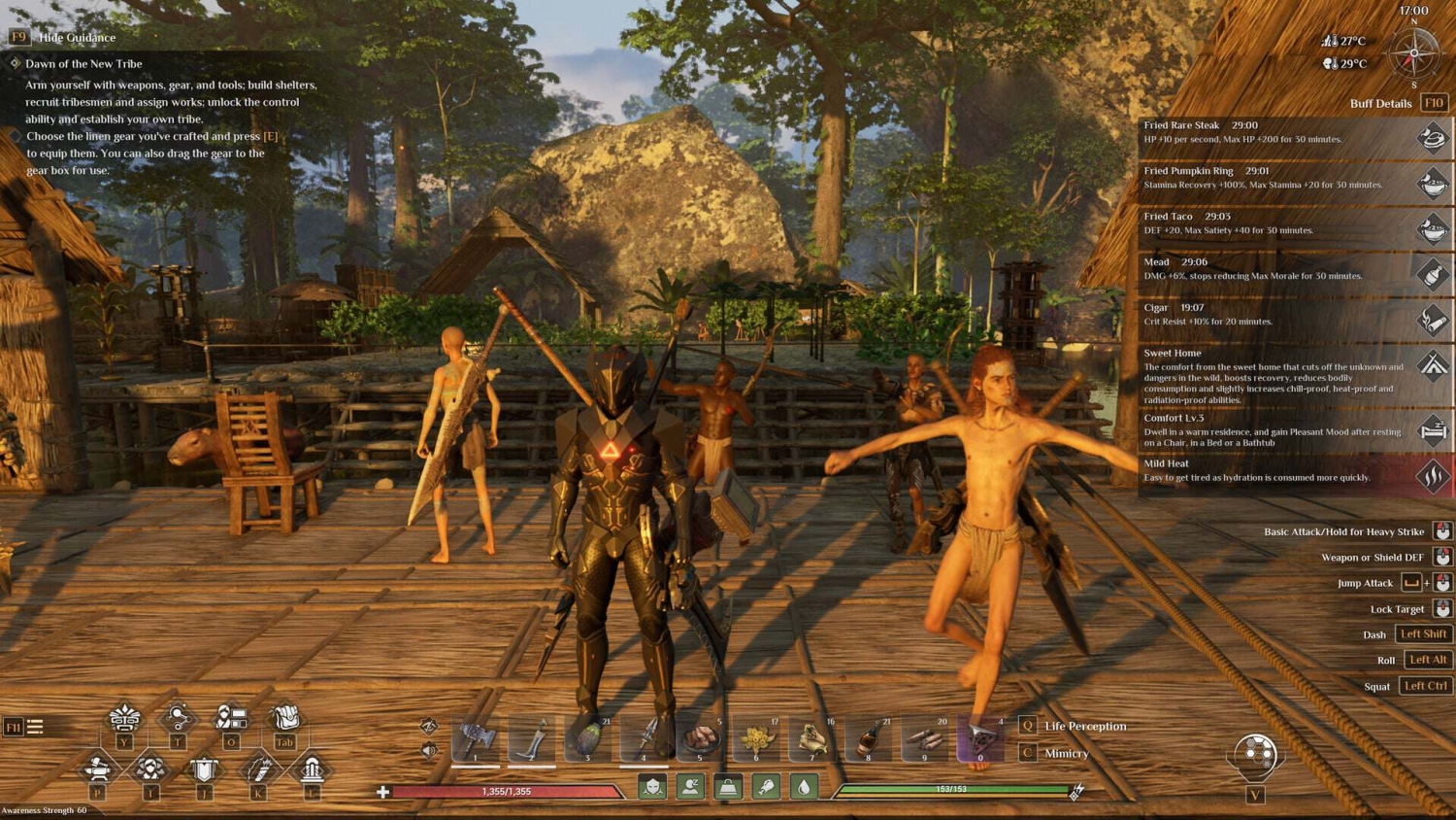 Character in futuristic black armour standing on wooden platform surrounded by villagers in a lush tribal camp during sunset