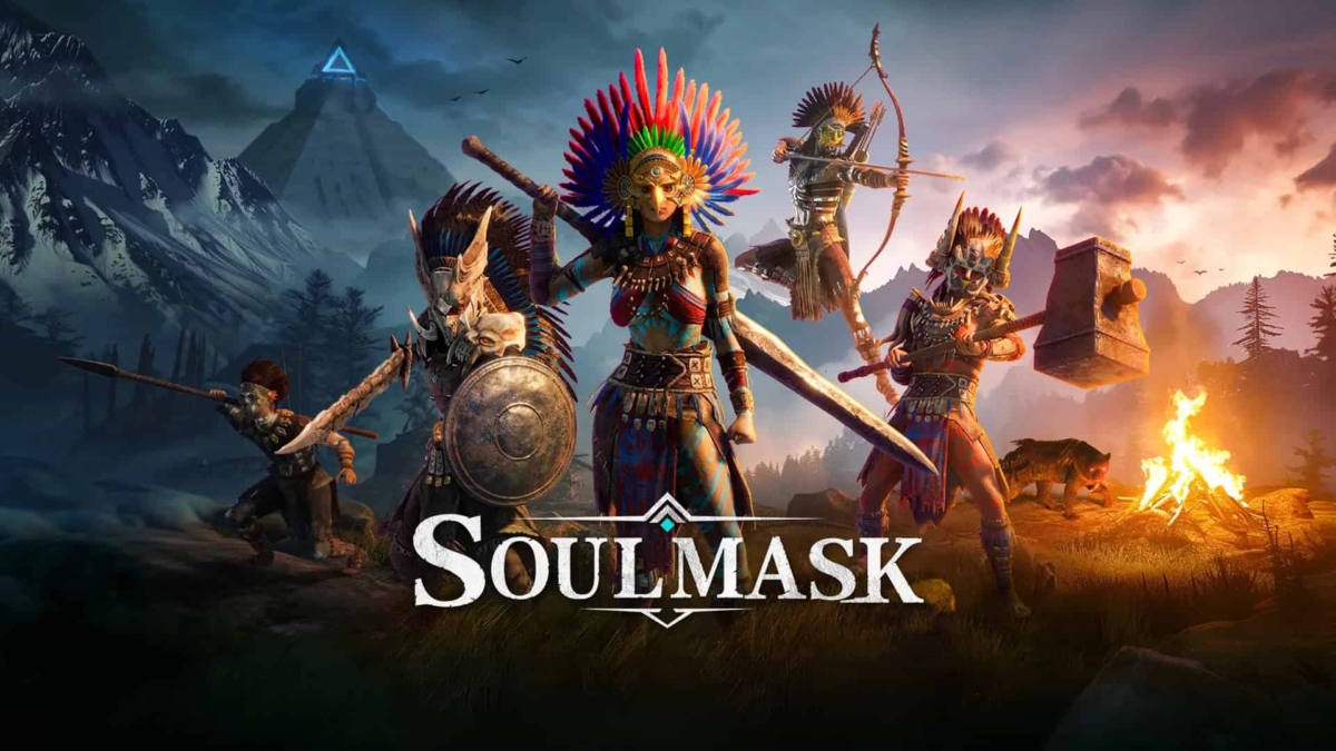 Five warriors in colourful tribal masks and armour stand in a dramatic dusk landscape with mountains and campfire