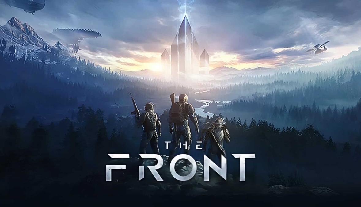 Three armed characters overlooking a misty forest landscape with futuristic tall crystal-like structures in the distance under a cloudy sky