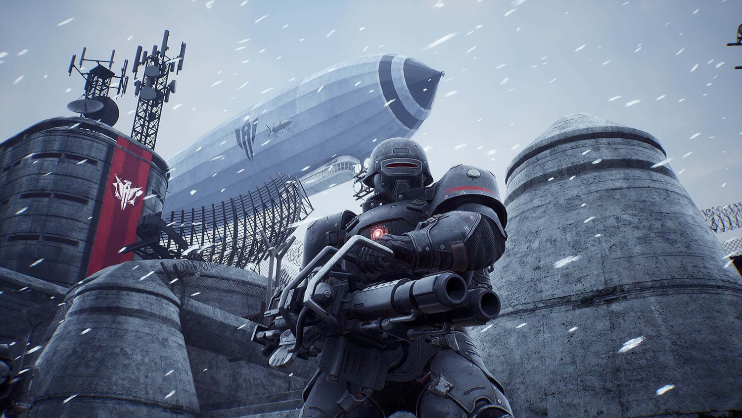 Armoured soldier holding a large weapon in a snowy industrial complex with a large blimp flying overhead