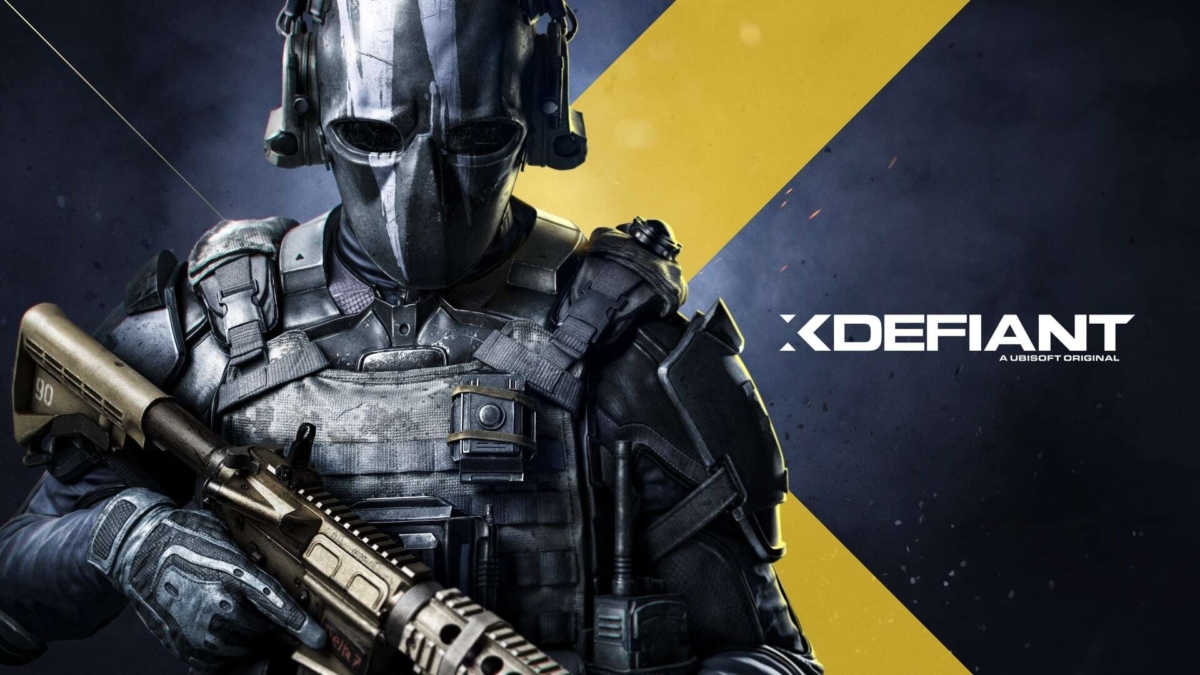 Armoured soldier wearing a tactical helmet and headset holding a detailed rifle against a yellow and dark blue background with XDefiant logo
