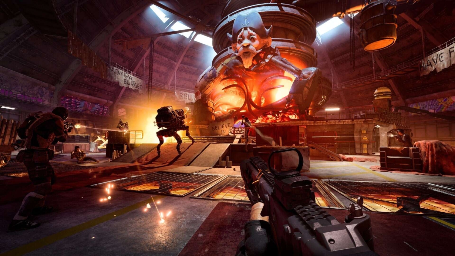 First-person shooter scene with armed characters firing inside an industrial building with glowing mechanical clown statue