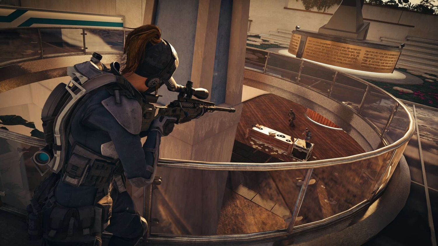 Soldier aiming a sniper rifle from a curved balcony overlooking two armed figures inside a circular room