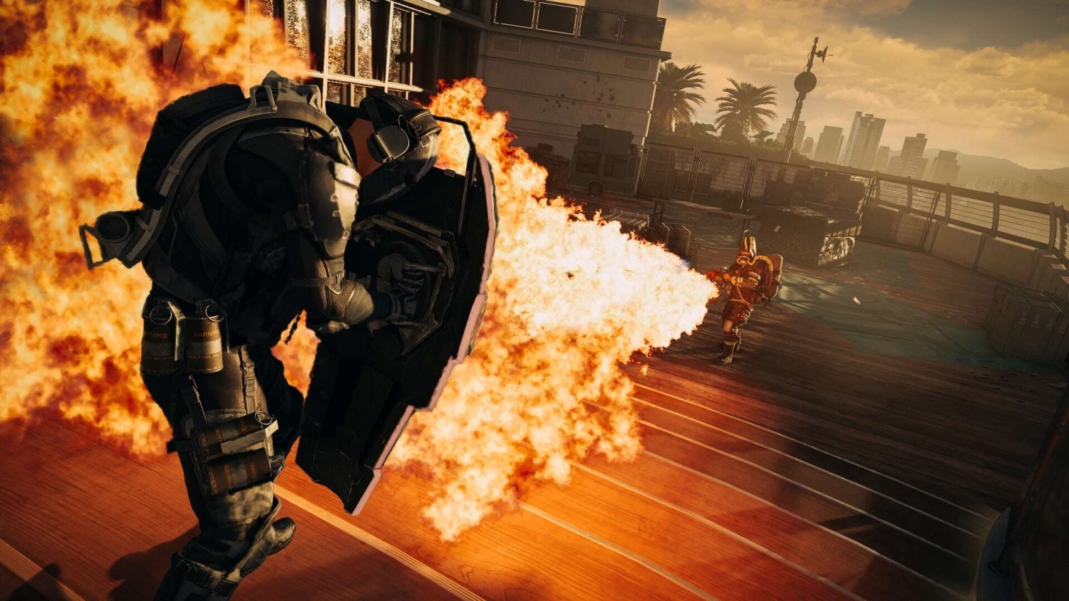 Armoured soldier with shield facing opponent firing flamethrower on wooden deck at sunset